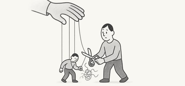 Black-and-white sketch of a person cutting puppet strings to free another figure from control.
